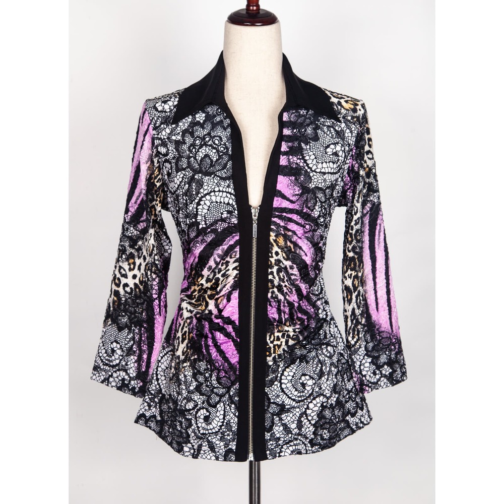 Women's Animal Print Dressy Shirt Blouse Size L Full Zipper Lace Print NWT